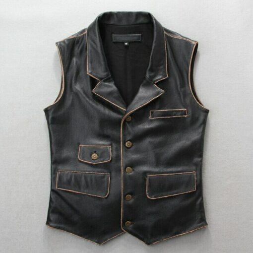 Motorcycle Biker Vintage Cafe Racer Distressed Black Genuine Leather Vest