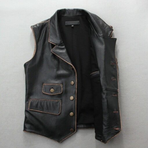 Motorcycle Biker Vintage Cafe Racer Distressed Black Genuine Leather Vest