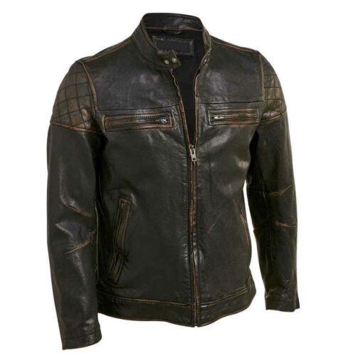 Motorcycle Cafe Racer Distressed Black Quilted Genuine Leather Jacket 1