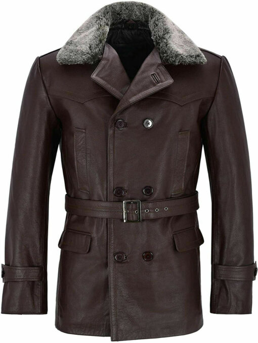 Motorcycle Long Cowhide Fur Collar Genuine Leather Coat