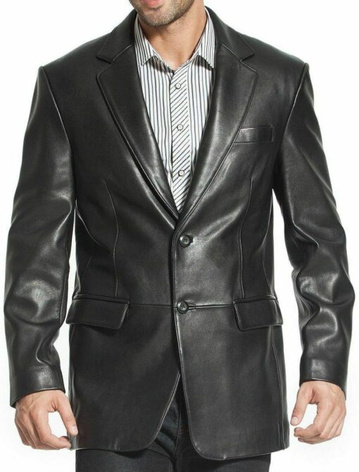 Two Button Black Genuine Leather Blazer