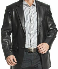 Two Button Black Genuine Leather Blazer