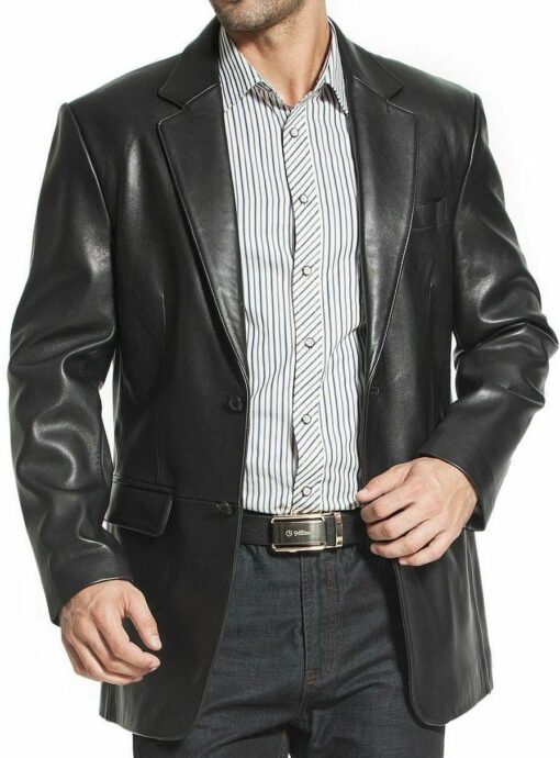 Two Button Black Genuine Leather Blazer
