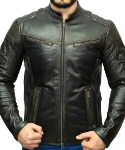 Vintage Motorcycle Distressed Black Genuine Leather Jacket