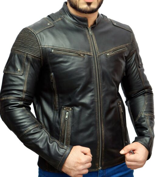 Vintage Motorcycle Distressed Black Genuine Leather Jacket