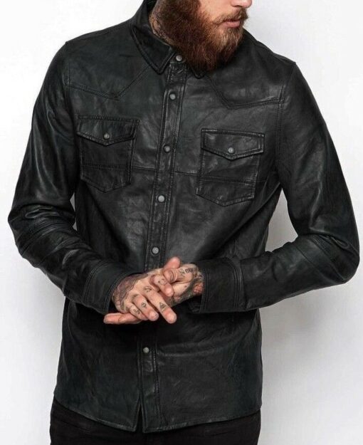 Washed And Waxed Genuine Lambskin Leather Black Shirt Jacket 1