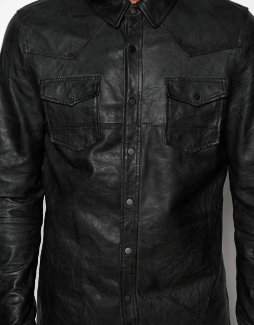 Washed And Waxed Genuine Lambskin Leather Black Shirt Jacket 1
