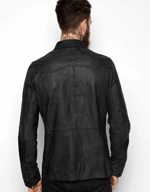 Washed And Waxed Genuine Lambskin Leather Black Shirt Jacket 1