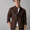 Washed And Waxed Genuine Lambskin Leather Brown Green Shirt