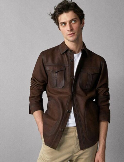 Washed And Waxed Genuine Lambskin Leather Brown Green Shirt