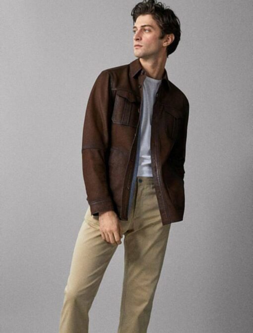 Washed And Waxed Genuine Lambskin Leather Brown Green Shirt