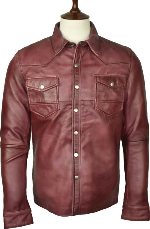 Washed And Waxed Genuine Lambskin Leather Burgundy Shirt