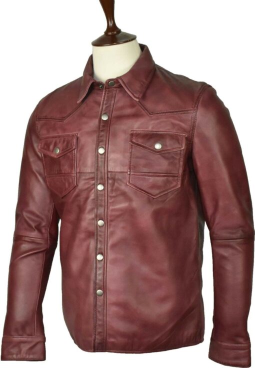 Washed And Waxed Genuine Lambskin Leather Burgundy Shirt