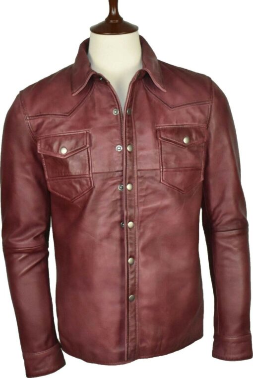 Washed And Waxed Genuine Lambskin Leather Burgundy Shirt