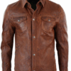 Washed And Waxed Genuine Lambskin Leather Distressed Brown Shirt 1
