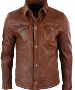 Washed And Waxed Genuine Lambskin Leather Distressed Brown Shirt 1