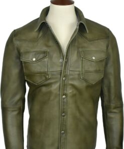 Washed And Waxed Genuine Lambskin Leather Olive Green Shirt 1