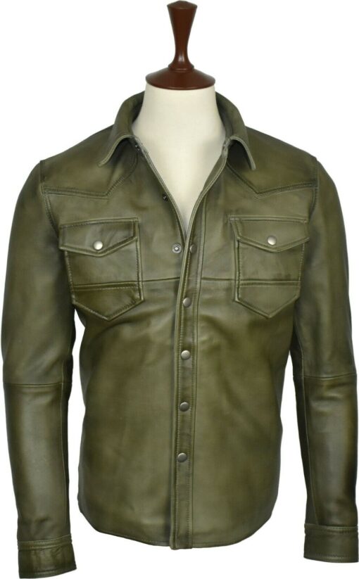 Washed And Waxed Genuine Lambskin Leather Olive Green Shirt 1