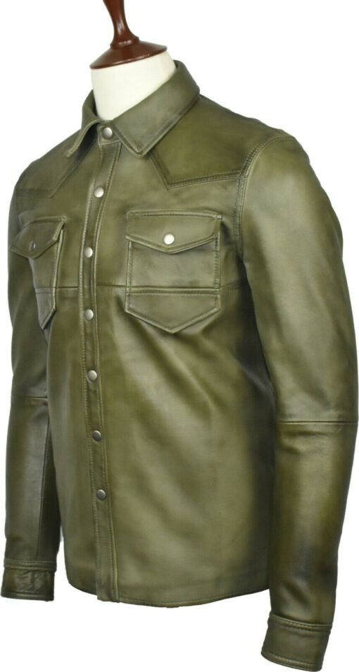 Washed And Waxed Genuine Lambskin Leather Olive Green Shirt 1