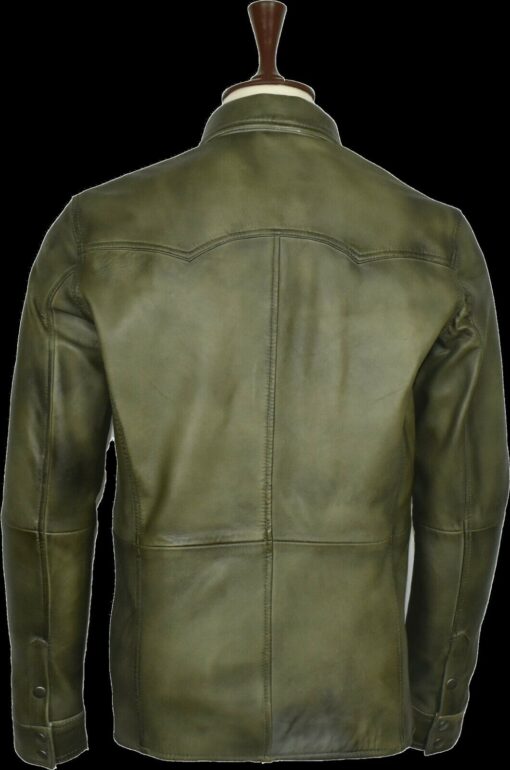 Washed And Waxed Genuine Lambskin Leather Olive Green Shirt 1