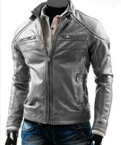 Waxed Vintage Wrinkled Distressed Grey Genuine Leather Jacket 1