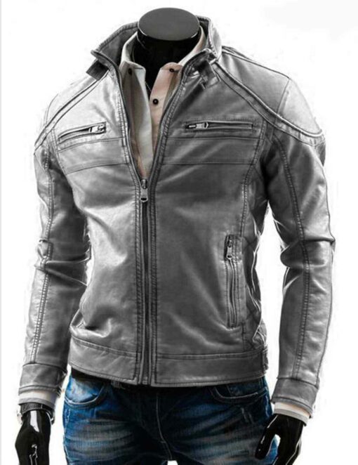 Waxed Vintage Wrinkled Distressed Grey Genuine Leather Jacket 1